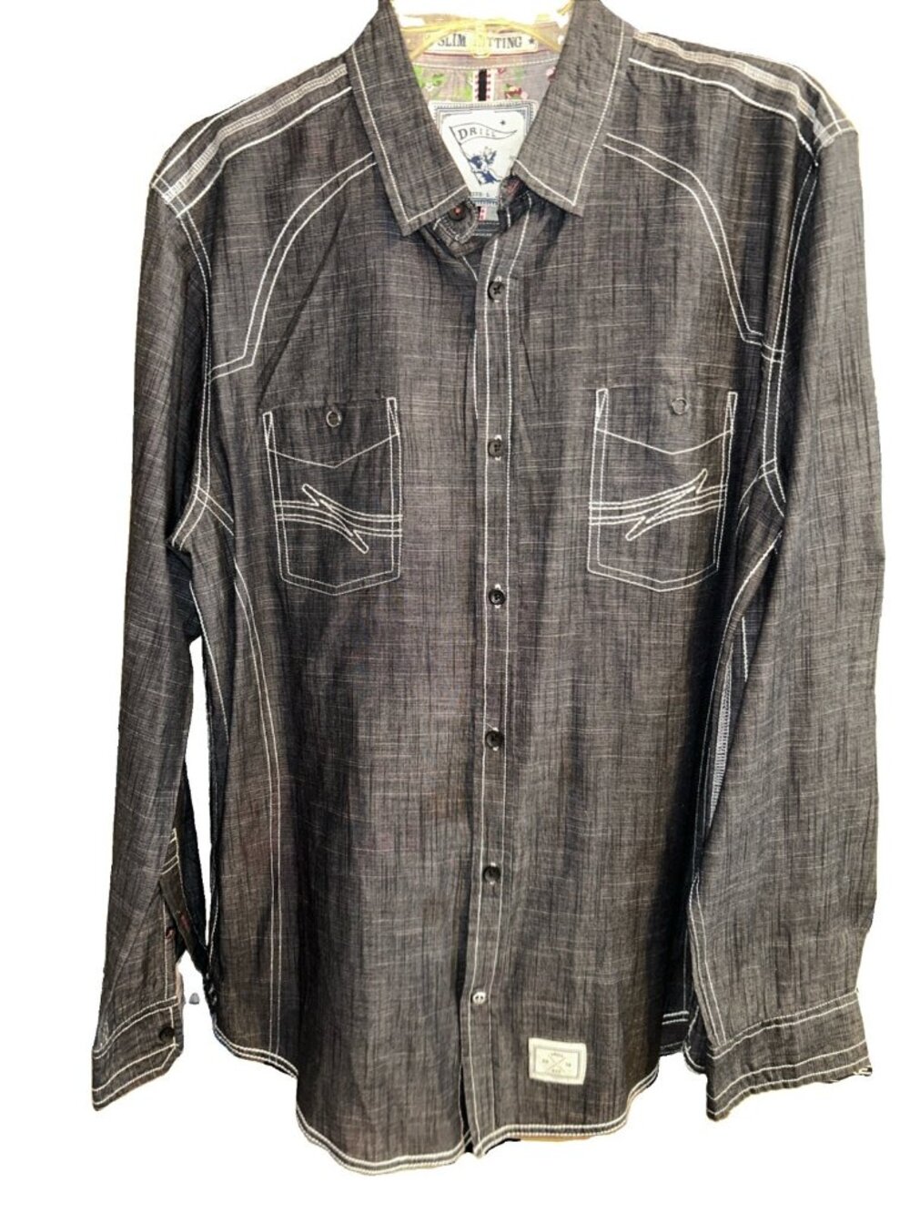 Drill Men’s Large Dark Gray Chambray Denim Long Sleeve Button Up Shirt
